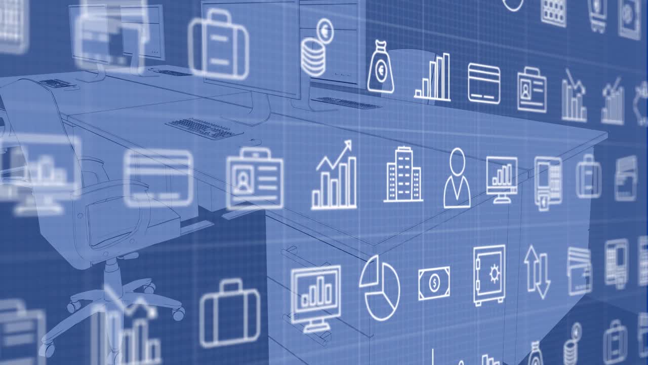 animación de múltiples iconos sobre una silla desocupada y una computadora en el escritorio de la oficina.