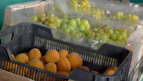 woman taking apricots from the box in grocery