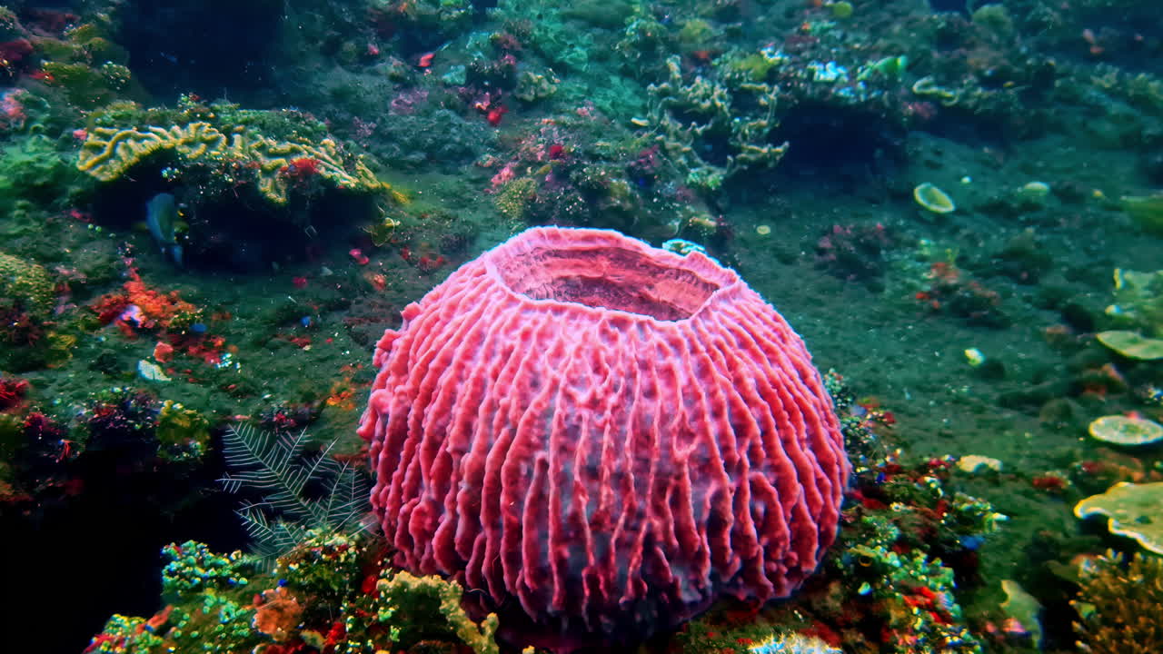 Vibrante scena subacquea con una grande spugna a barile rosa incollata sul relitto della USAT Liberty. Indonesia