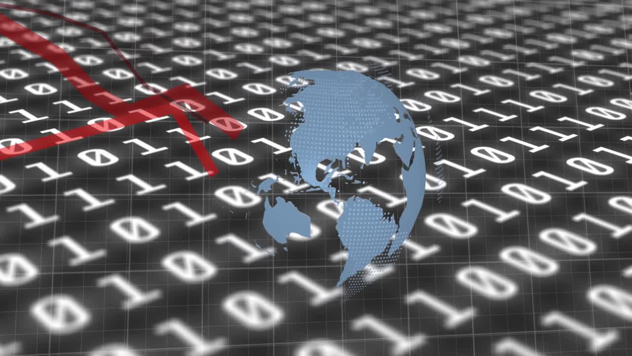 파이너리 코딩 위에 빨간 선과 지구가 회전하는 금융 데이터 처리의 애니메이션