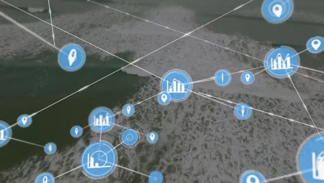 animation of network of connections with icons over sea view