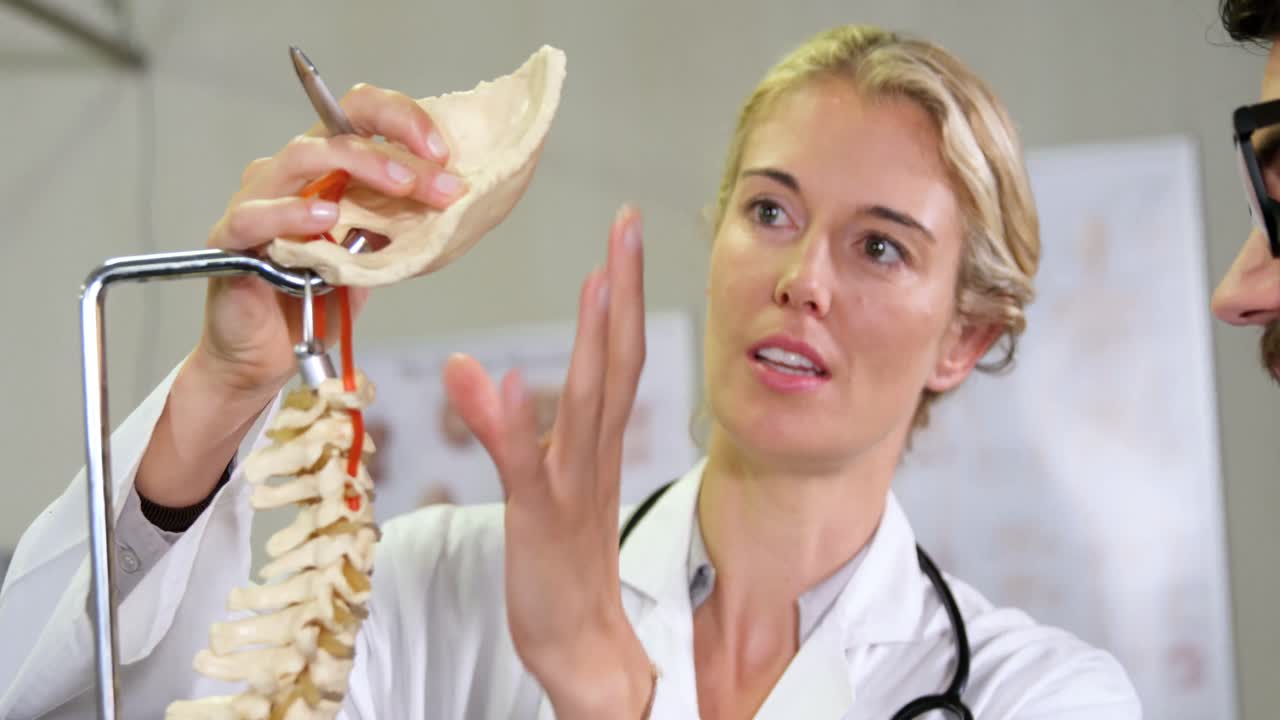 물리 치료사 가 환자 에게 척추 모델 을 설명 하는 것