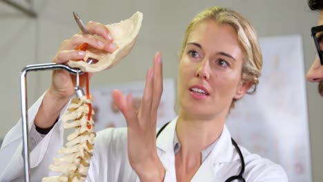 physiotherapist explaining spine model to patient