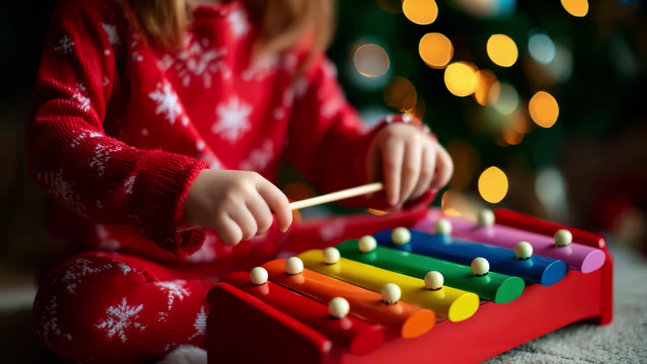 Ein Kind spielt freudig ein buntes Xylophon in gemütlicher Weihnachtskleidung mit einem glitzernden Bokeh-Weihnachtsbaum im Hintergrund und verkörpert den Geist der Festlichkeit und der Musik