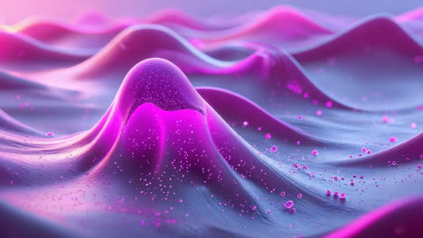 abstract purple and pink wavy fluid surface with glowing particles