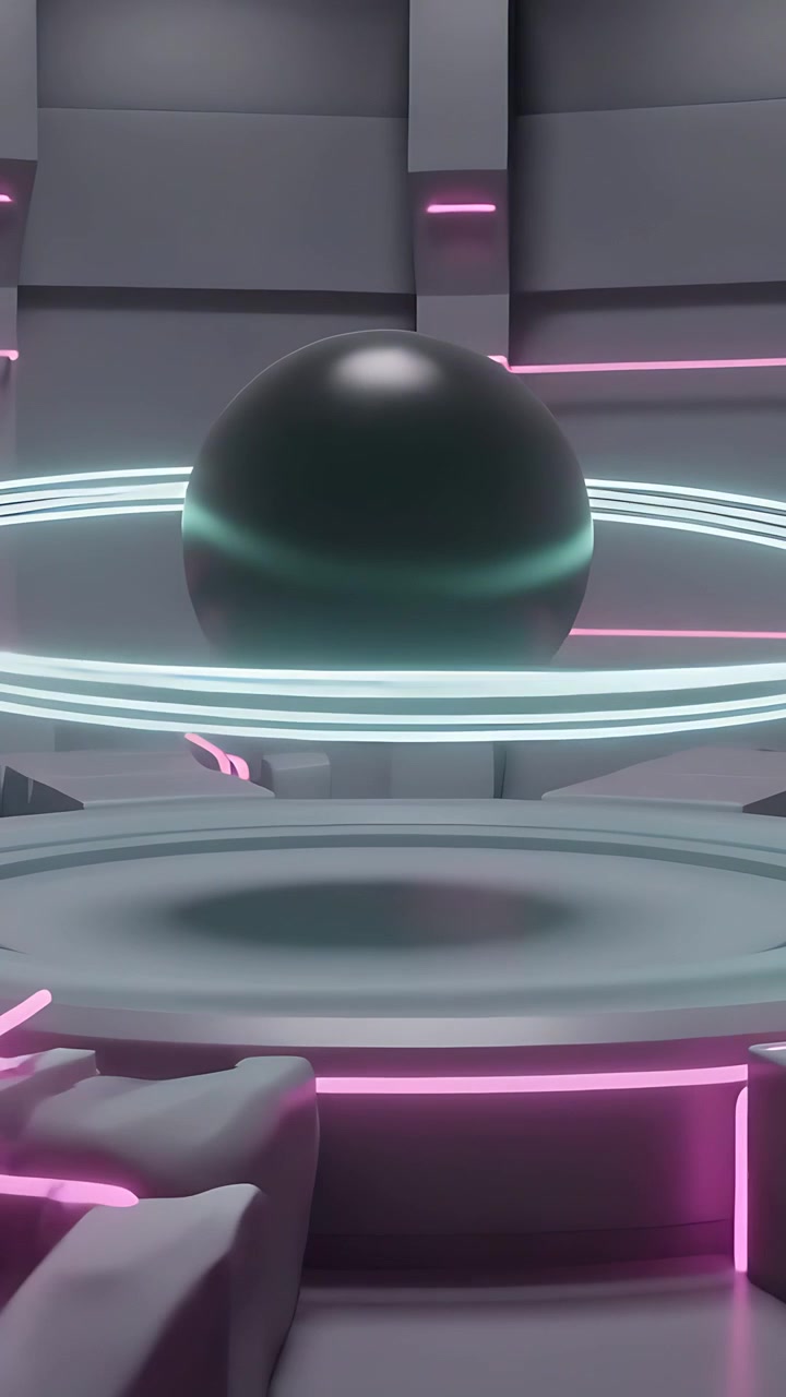 Video verticale: Sfera nera sospesa che si solleva sopra una base rosa in laboratorio, con anelli ciano che orbitano durante un test di sollevamento.