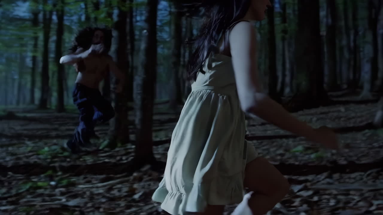 женщина бежит по темному лесу.