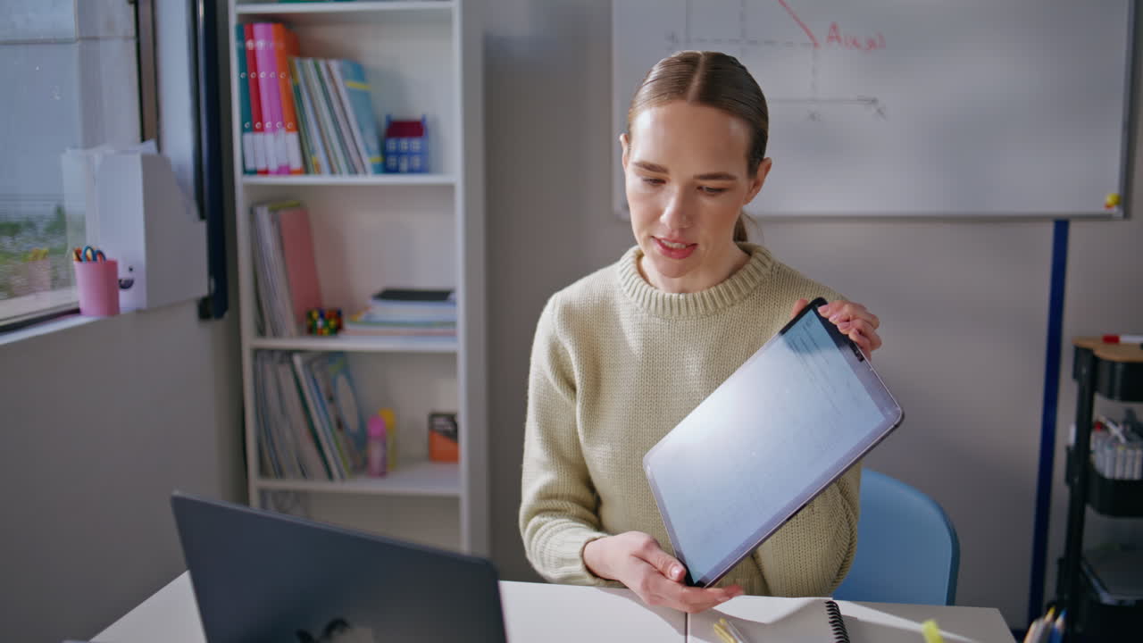 Educator woman talking video lesson calling on laptop closeup. Distance teacher