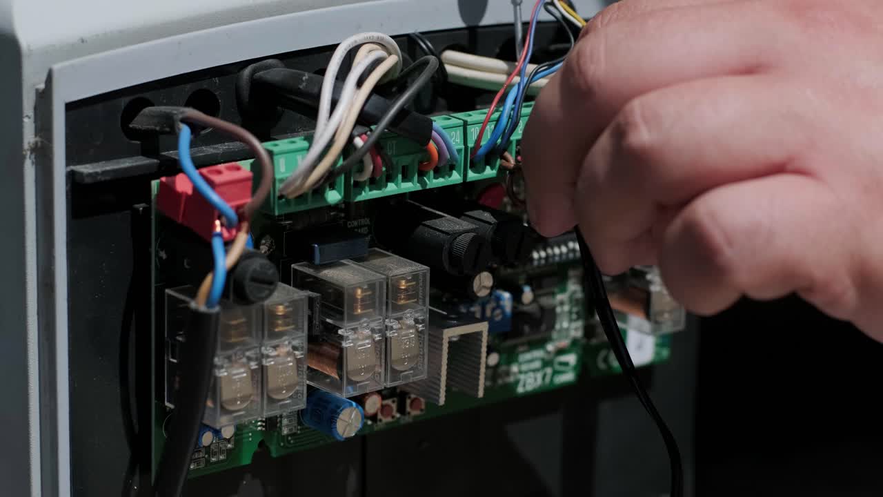 conectando el mecanismo de puerta de garaje automático con el controlador remoto. instalación de motor de puerta automática y trabajo para el sistema de seguridad de puerta de control en el hogar