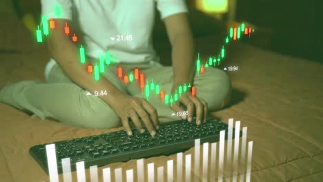 graph trading concept virtual screen metaverse technology, finance data analytics, chart report, woman typing on keyboard investment data digital, financial management technology