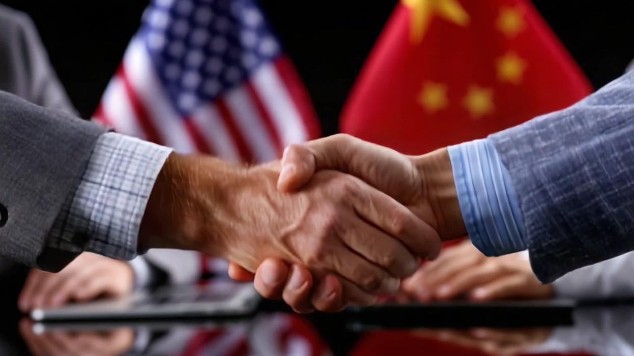 Handshake Between Representatives of Two Nations Symbolizing Diplomacy and Cooperation Amidst Flags of China and the United States