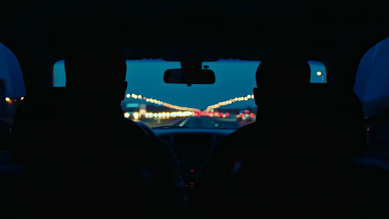 Vista interior desde el asiento trasero muestra a dos ocupantes delanteros en silueta oscura, con el parabrisas enmarcando una autopista de varios carriles, luces brillantes, cristal reflectante y un viaje nocturno sereno.
