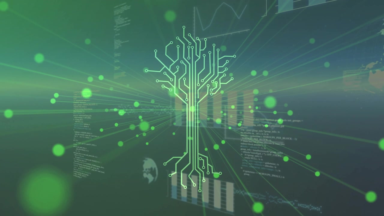 Circuit tree icon assembling from drifting particles while rays radiating visualizing connectivity