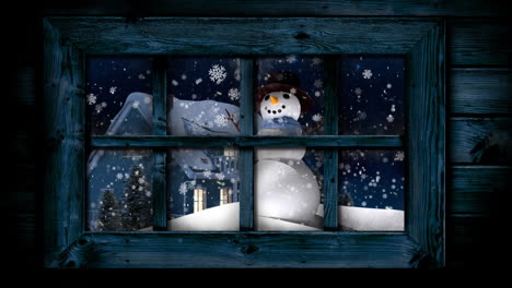 Animación-De-Ventana-Sobre-Nieve-Cayendo-Y-Paisaje-Invernal-Con-Muñeco-De-Nieve-Y-Casa