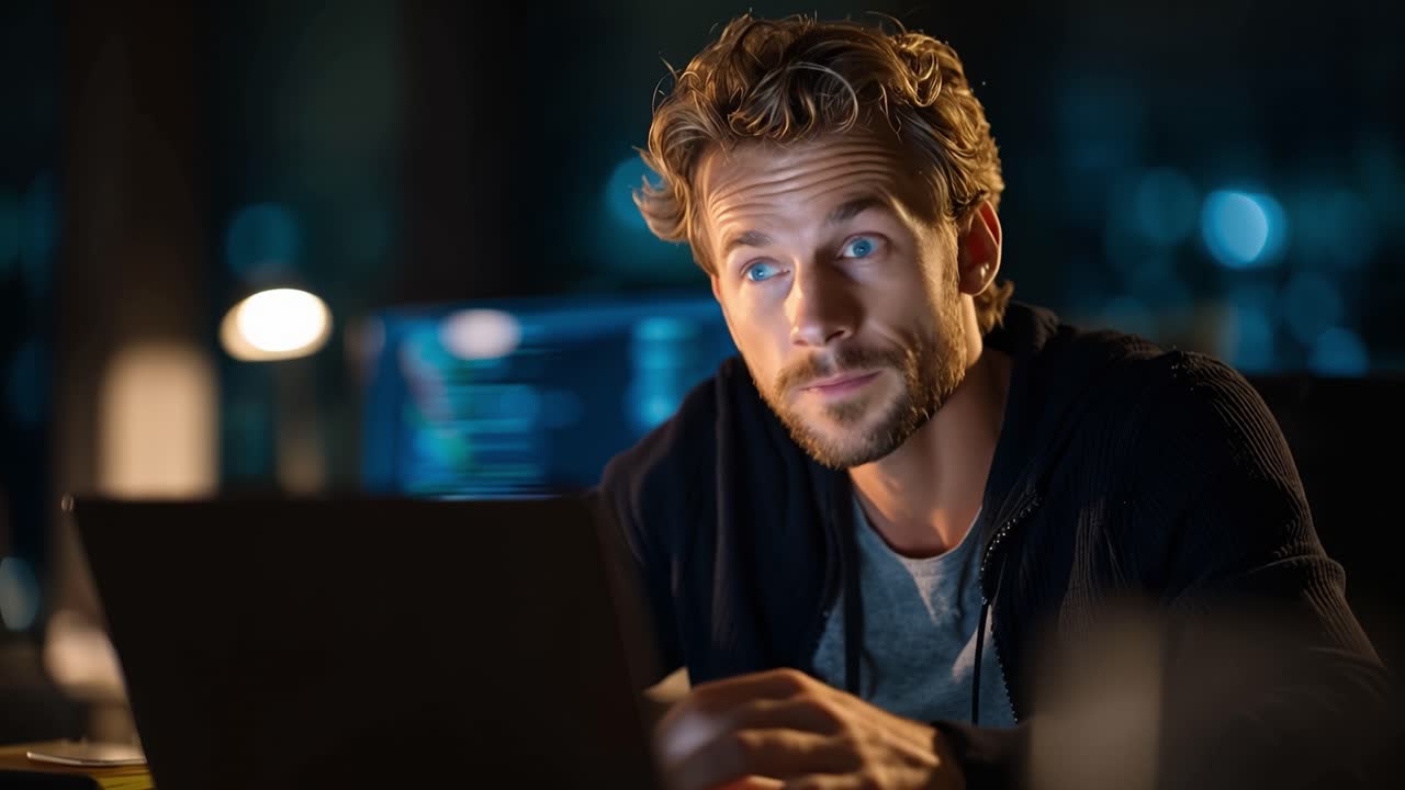 Focused Individual Engaged with Laptop in Modern Workspace During Night, Illuminated by Screens and Ambient Light, Reflecting Dedication and Concentration