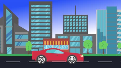 car driving rides around city side view, loop animation, flat design background