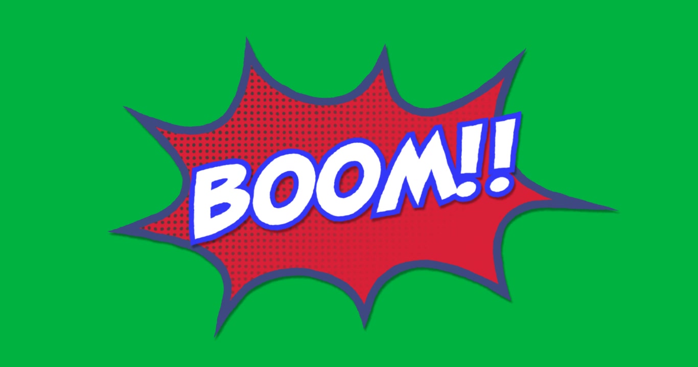 Animazione di una nuvoletta di dialogo da fumetto vintage con il testo "Boom!!" in lettere bianche e blu.
