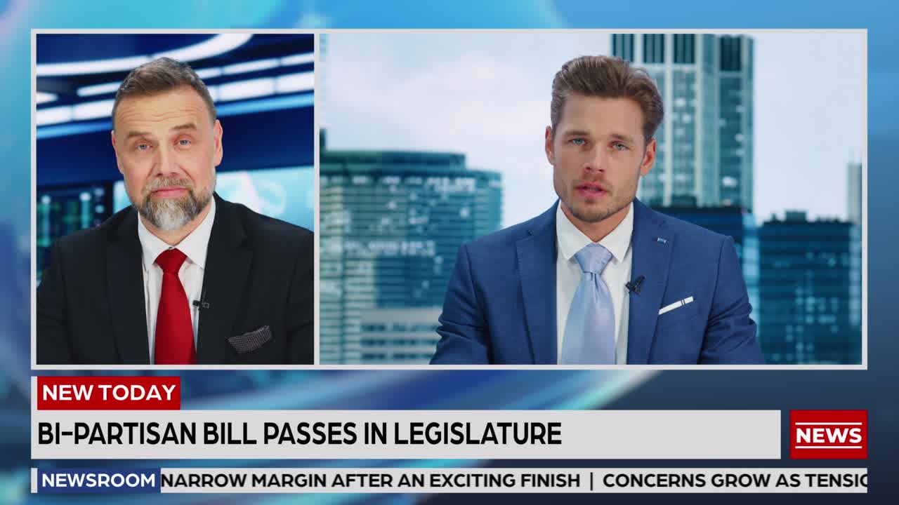 Split Screen Two Anchors Talking TV Live News Segment. Presenters Discuss Business, Economy, Politics, Science, Daily Events. Evening Television Program on Cable Channel Playback. Luma Matte Montage