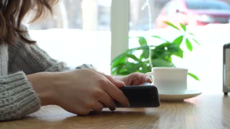 girl holding a smartphone and credit card layout while sitting in a cafe