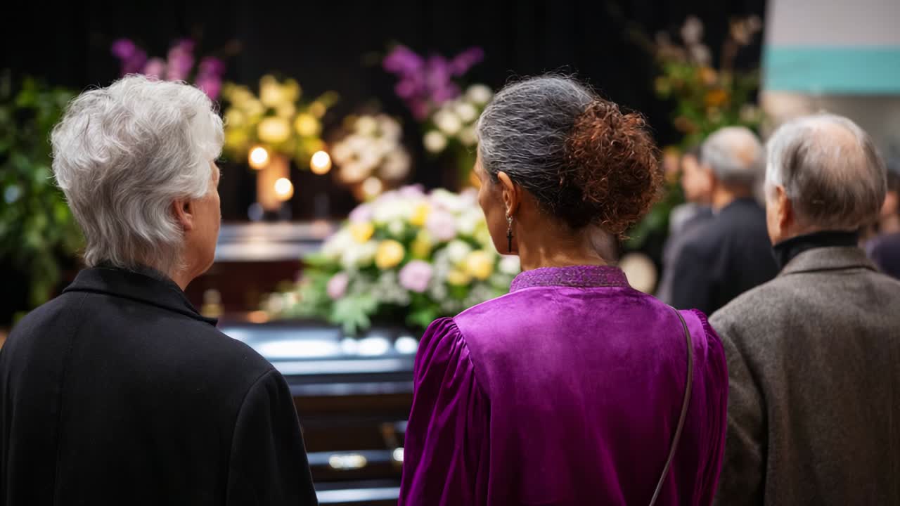 Uma reflexão sombria: pessoas de luto em um funeral, prestando suas homenagens em meio a arranjos florais em uma atmosfera tranquila e reflexiva