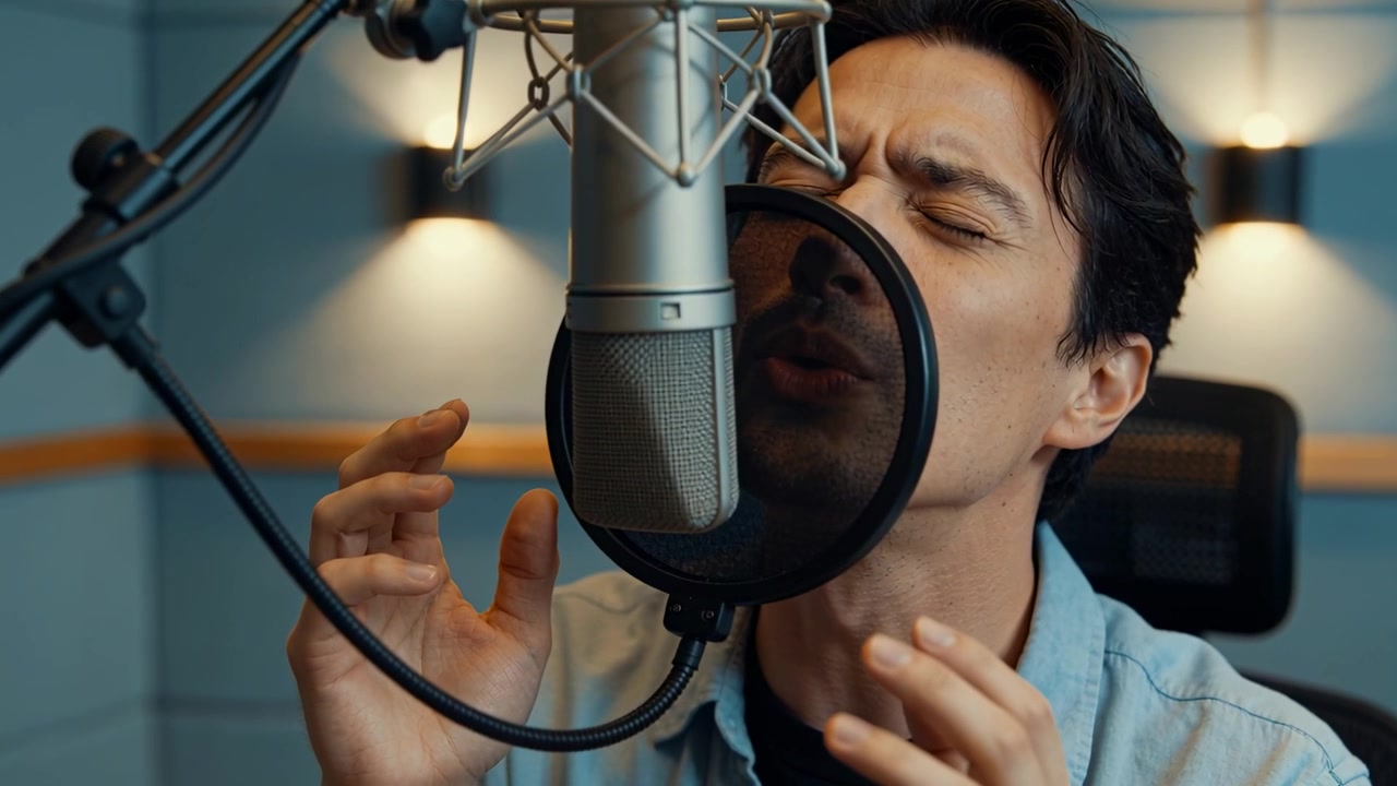 Starting take, male vocalist in denim singing in vocal booth using mic pop filter shaping phrases