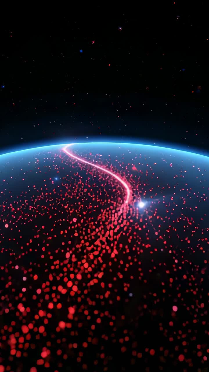 Vertical video: Appearing red trail moving along curved horizon, streaming dense red particles