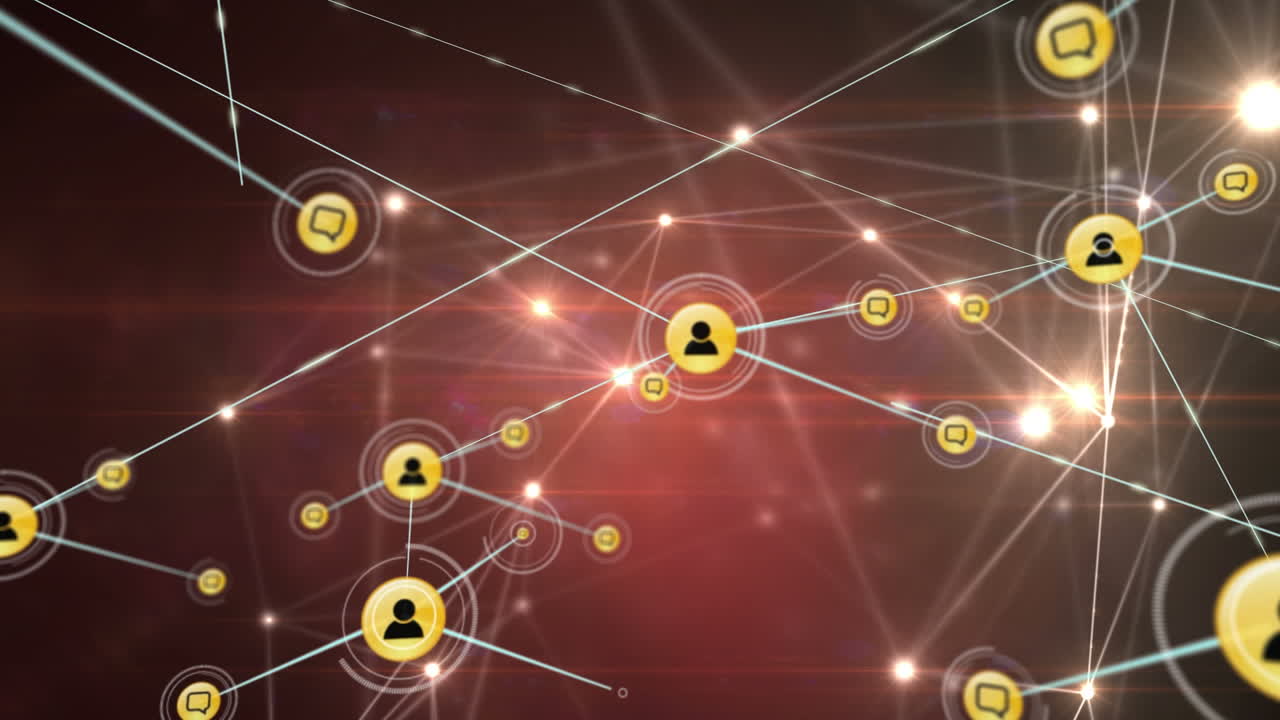 animação de redes de conexões com ícones em fundo preto