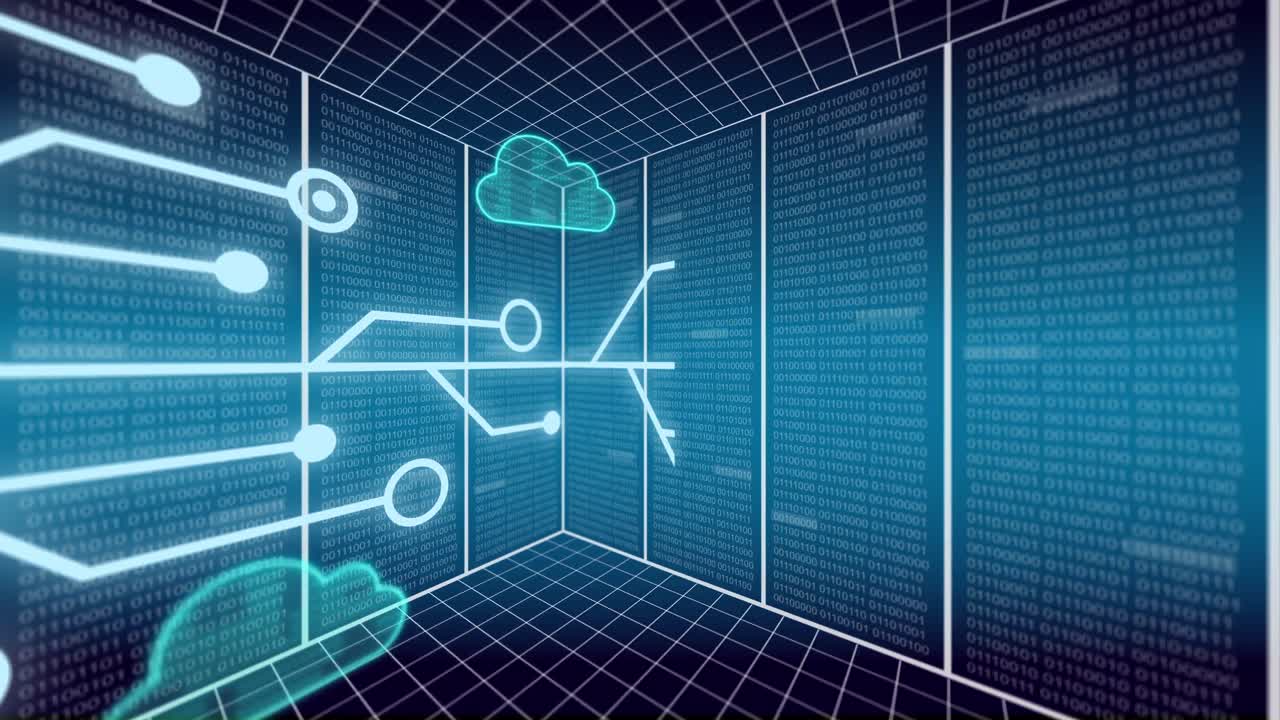 Animation of neon shapes and data processing over cloud icons