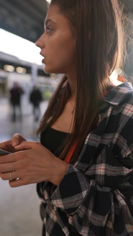 joven esperando en una estación de tren