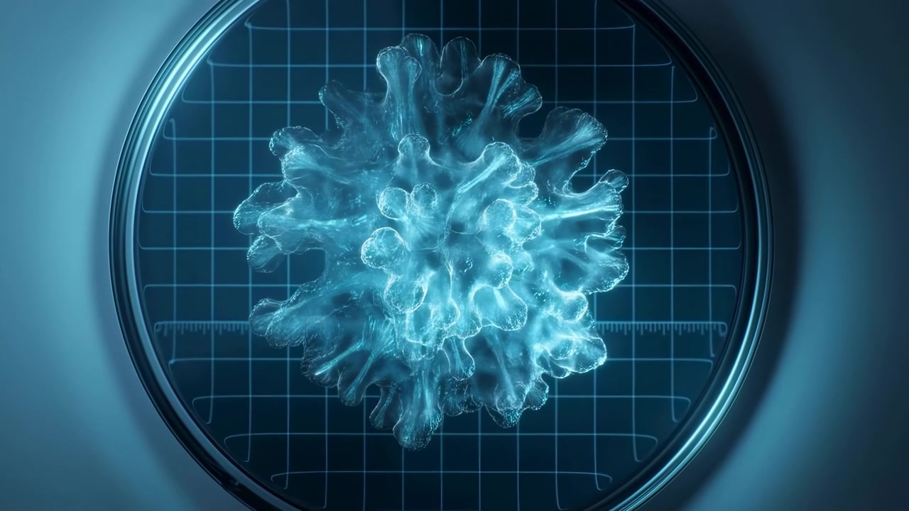En glødende blå abstrakt mikroskopisk organisme vises centreret i en cirkulær gittervisning, sat mod en mørk baggrund i laboratoriestil med blød cyan