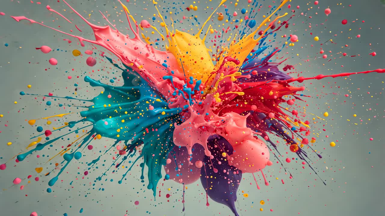 Converging paint blobs erupting outward at gray backdrop, creating splashes of filaments, droplets