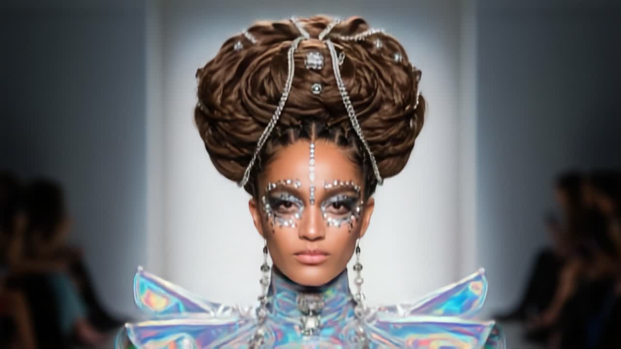 Sbalorditiva Sfilata di Moda D'avanguardia con Acconciatura Stravagante e Trucco Futuristico in Passerella, che Fonde Artigianalità con Eleganza Moderna