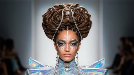 stunning avant-garde fashion showcase featuring extravagant hairstyle and futuristic makeup look on the runway, blending artistry with modern elegance
