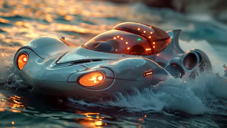 futuristic watercraft gliding through water at sunset