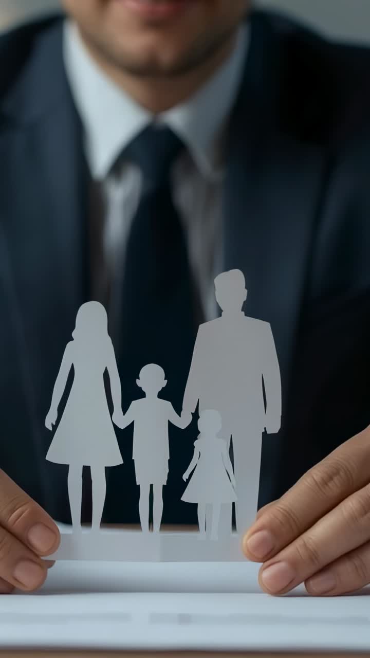 Vertical video: Smiling man in suit lifting and pushing paper family cutout across office desk