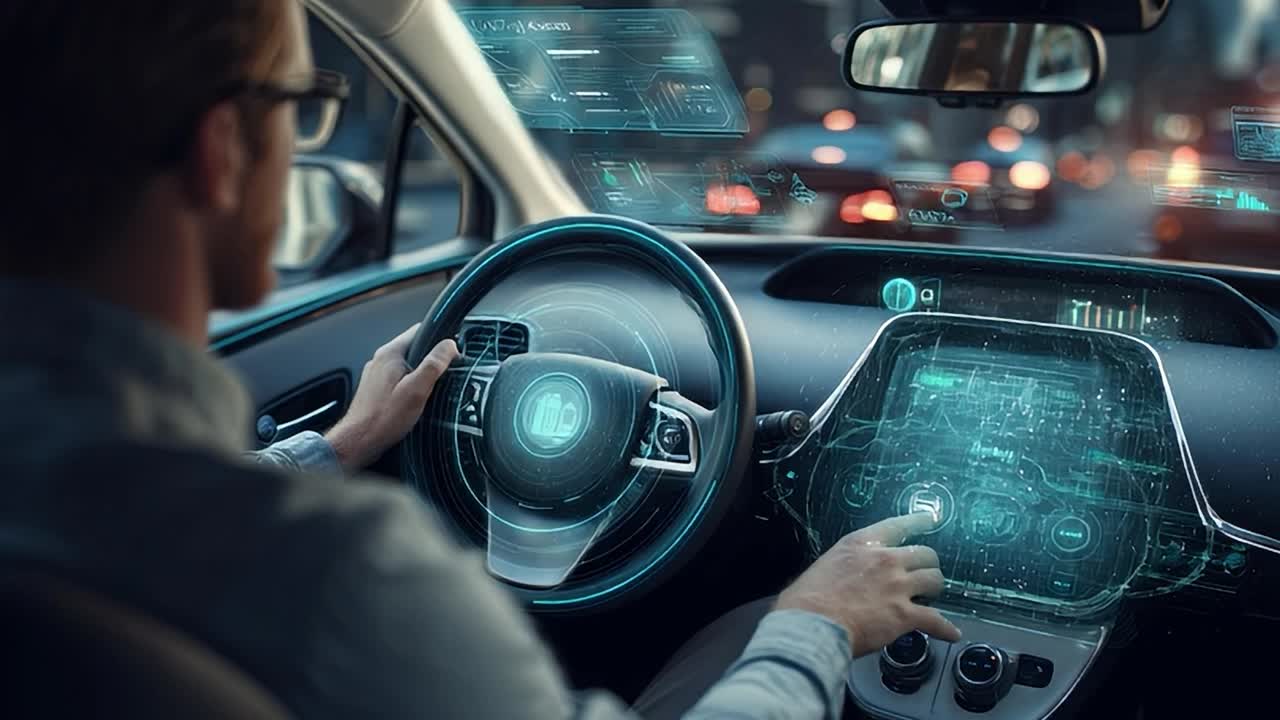 Conducente interagisce con la tecnologia avanzata del cruscotto in un veicolo intelligente