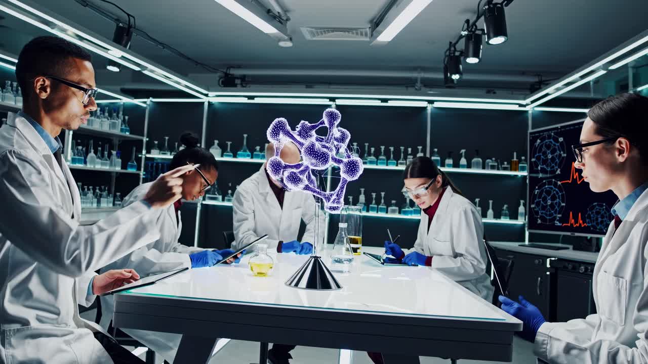 High-angle shot of scientists in a futuristic lab analyzing a holographic model