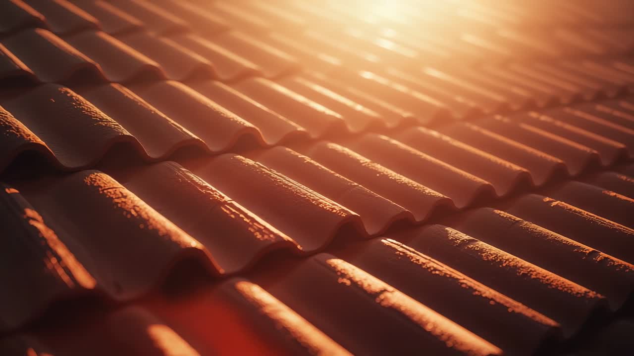 Panning camera capturing ceramic roof tiles on rooftop due to sunset glow, showing lens flare