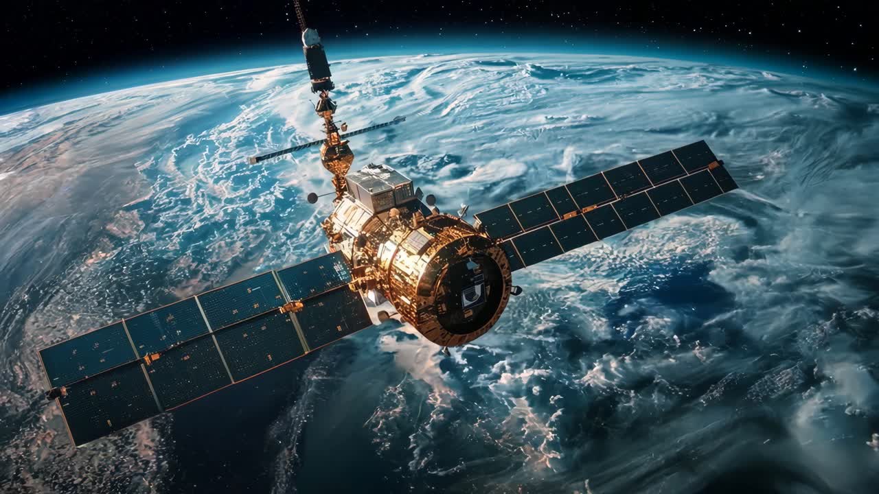 A satellite is flying through the sky above the Earth. The satellite is surrounded by clouds and he is in the middle of a storm