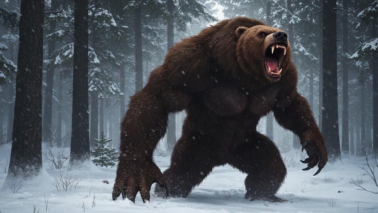 A Powerful Grizzly Bear Roaring in the Snowy Forest, Capturing the Majestic Essence of Nature's Untamed Wildlife and Its Elemental Strength and Presence