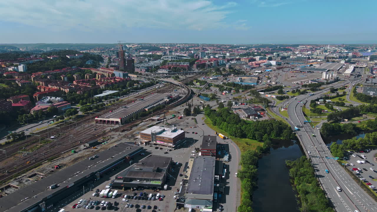 Flyover Busy Roads And Modern Architecture Of Gothenburg, Sweden - aerial shot