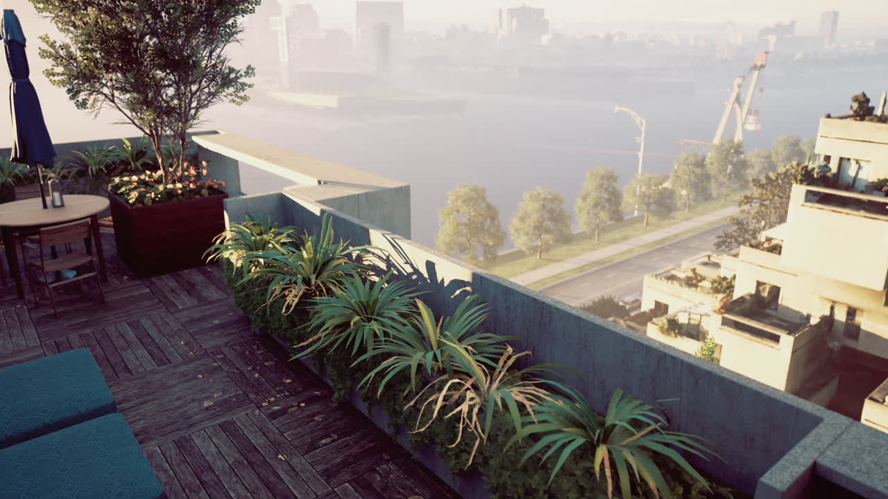 Beautiful rooftop terrace overlooking the river at sunrise with lush plants