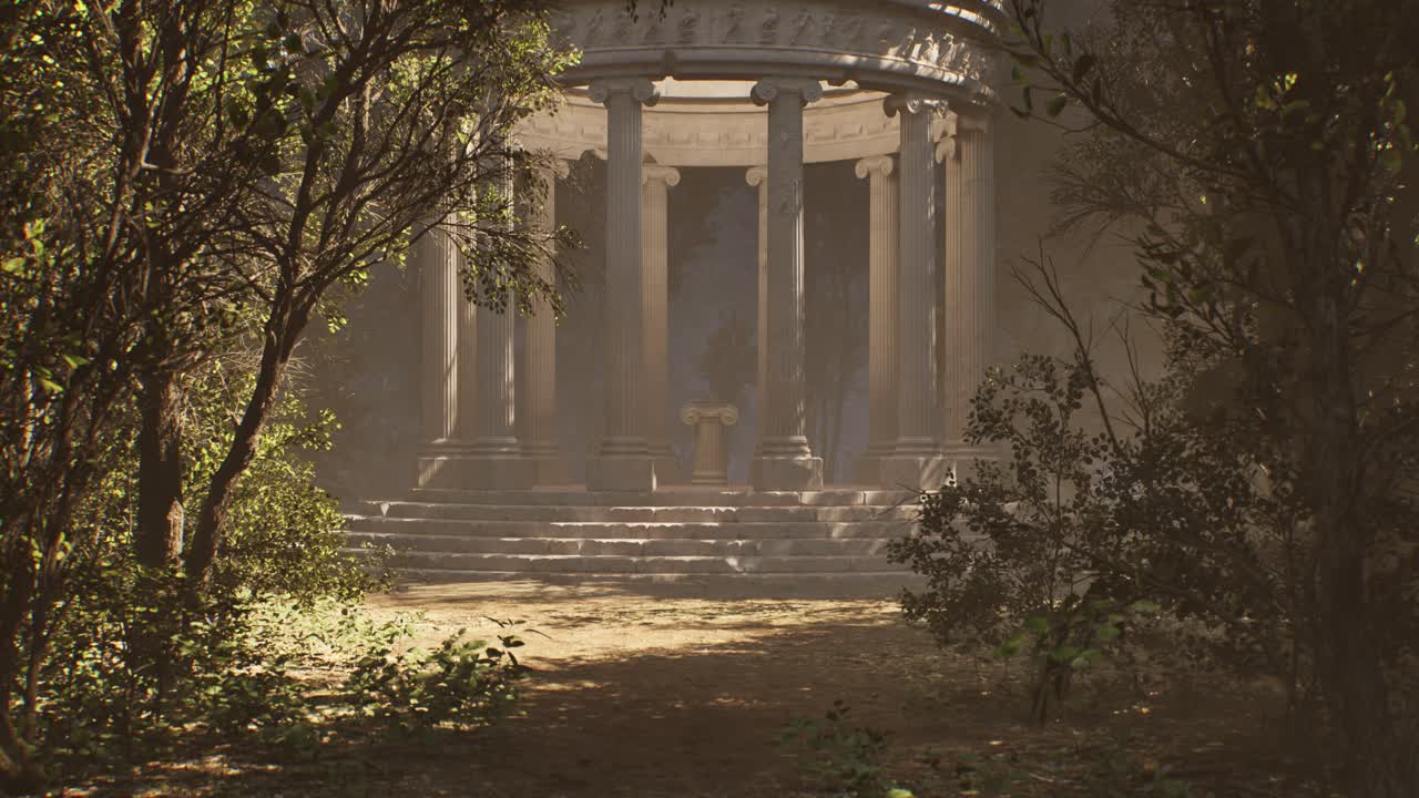 Ancient greek temple ruins in an ethereal forest clearing