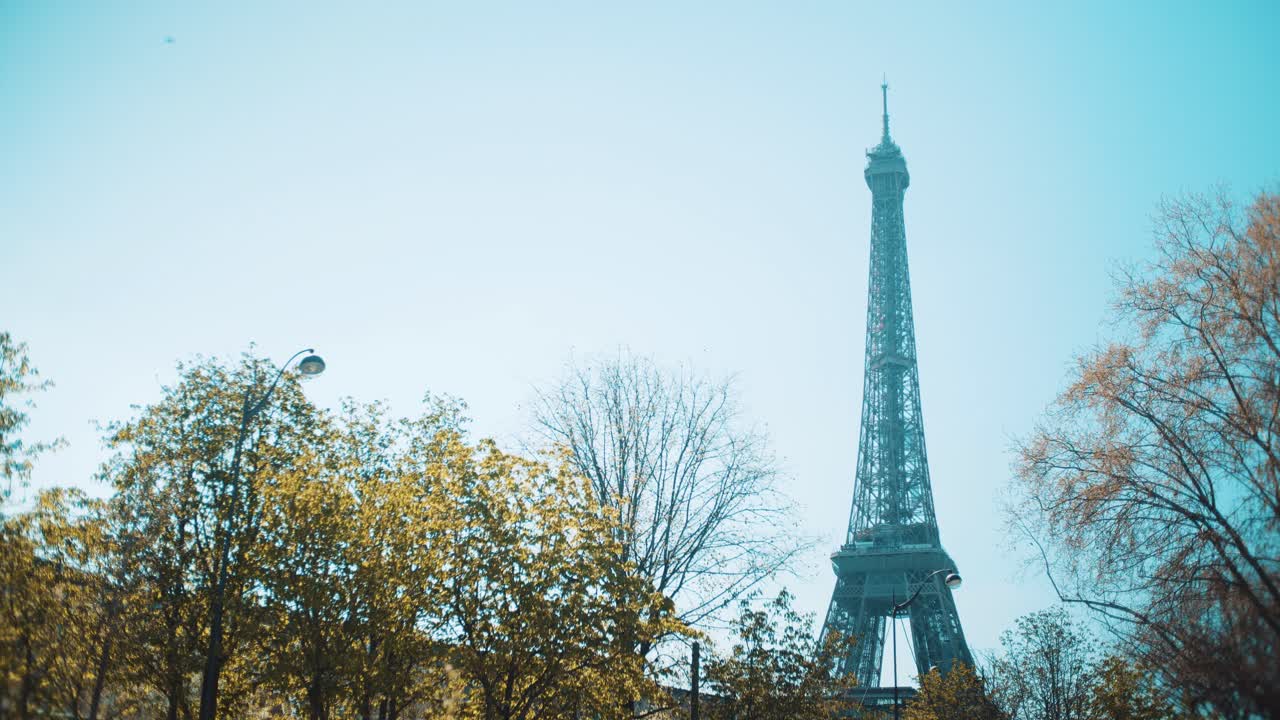 파리 에펠탑은 빛과 파란 하늘 아래 나무 뒤에 있습니다.