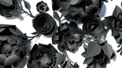 las flores de papel negro sobre un fondo blanco están girando en círculo.