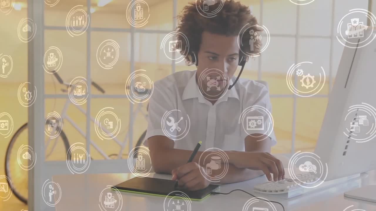 Animation of African American man working with headphones over multiple white icons