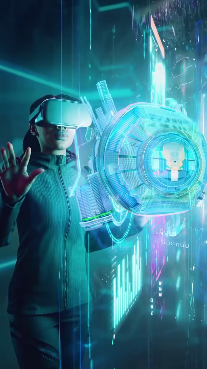 Futuristic video concept with a woman in VR gear interacting with holograms, side angle