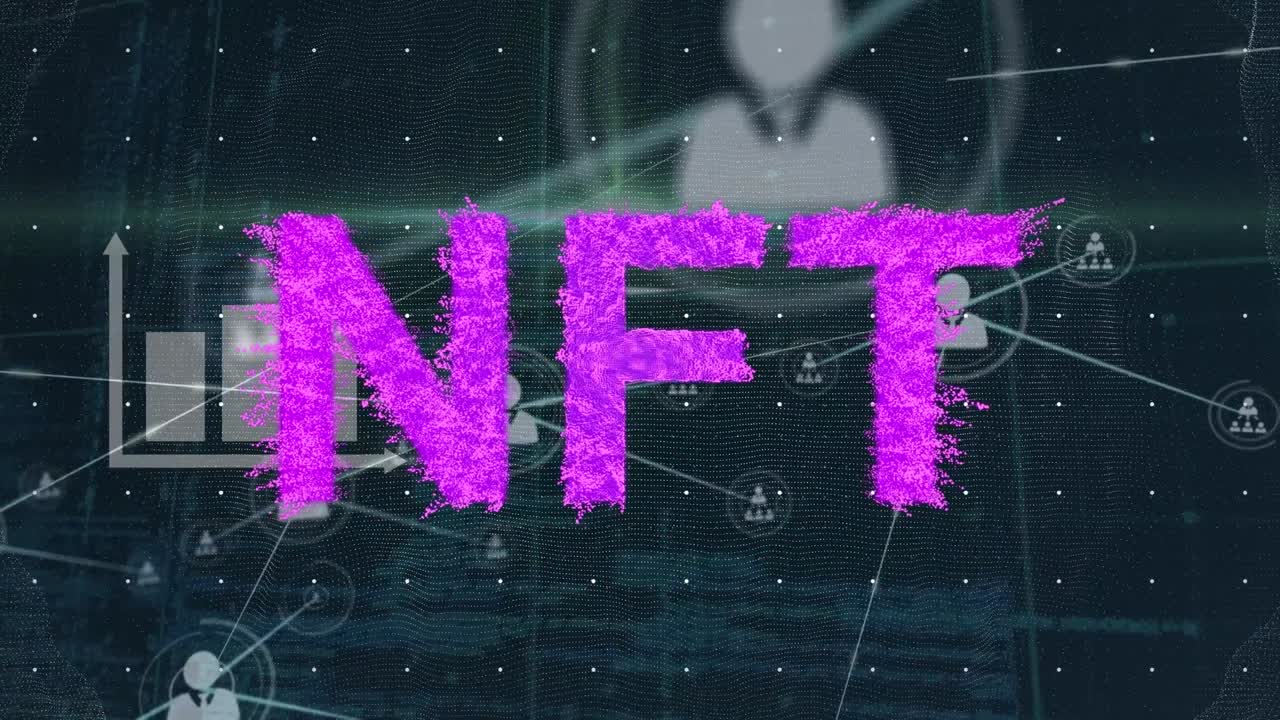 Animazione di rete di connessioni e testo NFT su sfondo scuro