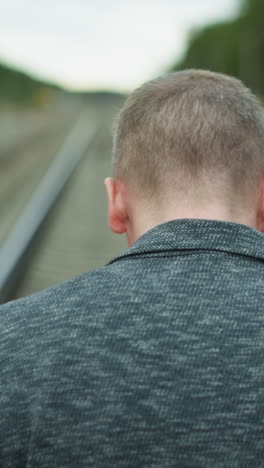 a head view of an aged man walking alone on a railway track, looking his left side, looking around with bokeh view of trees and electric poles