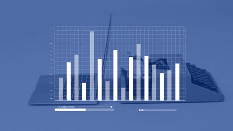 animación del procesamiento de datos estadísticos frente a una vista de cerca de una computadora portátil y una máquina de escribir.
